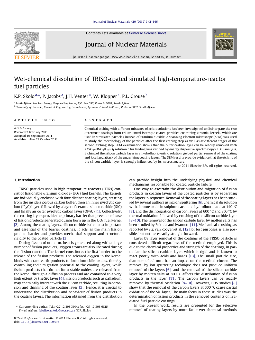 عکس صفحه اول مقاله: Wet-chemical dissolution of TRISO-coated simulated high-temperature-reactor fuel particles Wet-chemical dissolution of TRISO-coated simulated high-temperature-reactor fuel particles