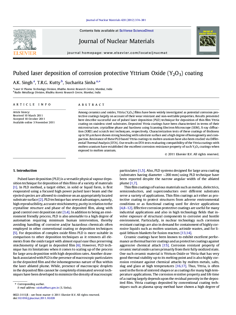 عکس صفحه اول مقاله: Pulsed laser deposition of corrosion protective Yttrium Oxide (Y2O3) coating Pulsed laser deposition of corrosion protective Yttrium Oxide (Y2O3) coating