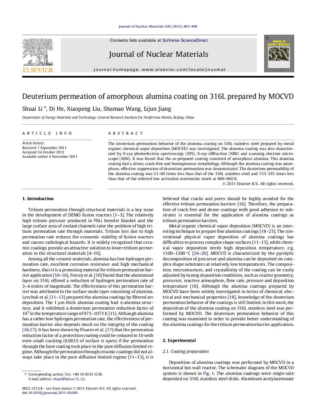 عکس صفحه اول مقاله: Deuterium permeation of amorphous alumina coating on 316L prepared by MOCVD Deuterium permeation of amorphous alumina coating on 316L prepared by MOCVD