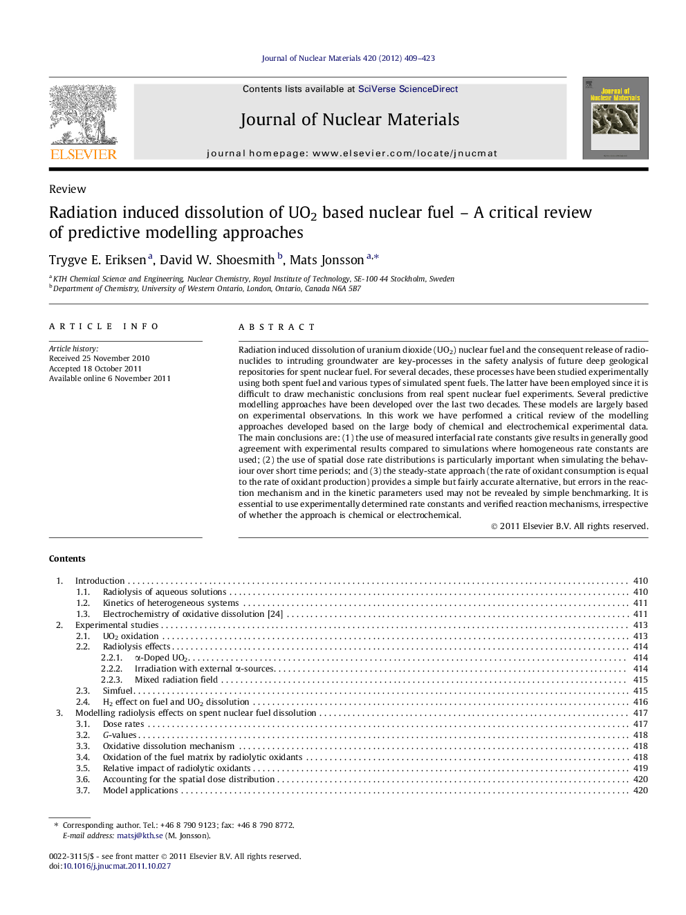 عکس صفحه اول مقاله: Radiation induced dissolution of UO2 based nuclear fuel - A critical review of predictive modelling approaches Radiation induced dissolution of UO2 based nuclear fuel - A critical review of predictive modelling approaches