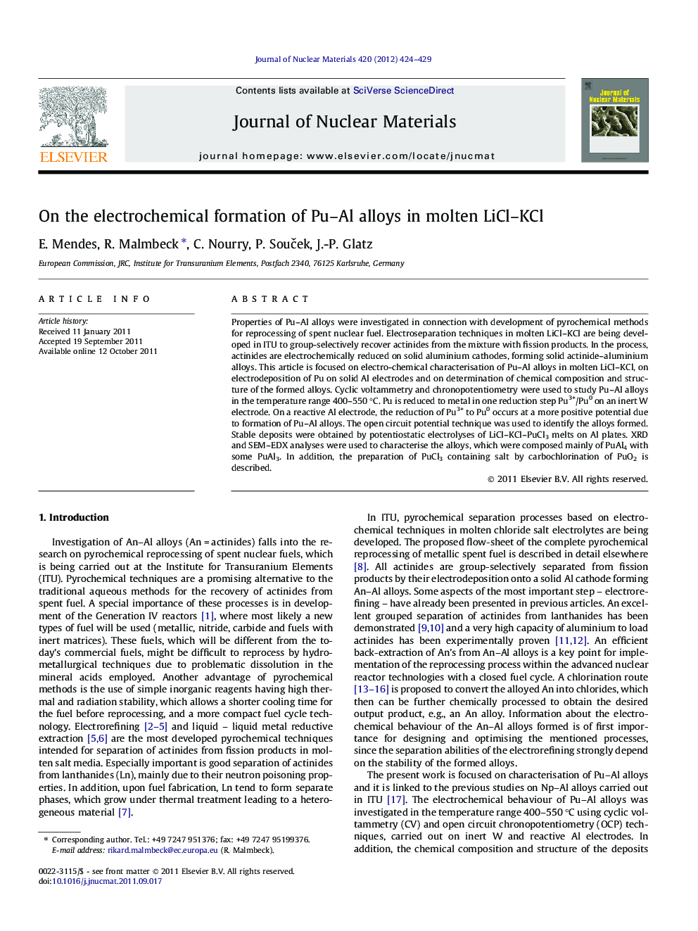 عکس صفحه اول مقاله: On the electrochemical formation of Pu-Al alloys in molten LiCl-KCl On the electrochemical formation of Pu-Al alloys in molten LiCl-KCl
