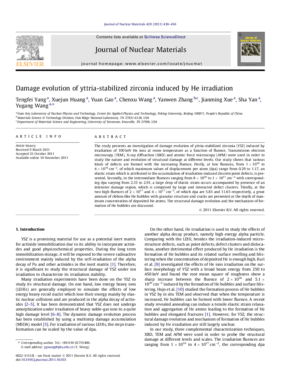 Damage evolution of yttria-stabilized zirconia induced by He irradiation