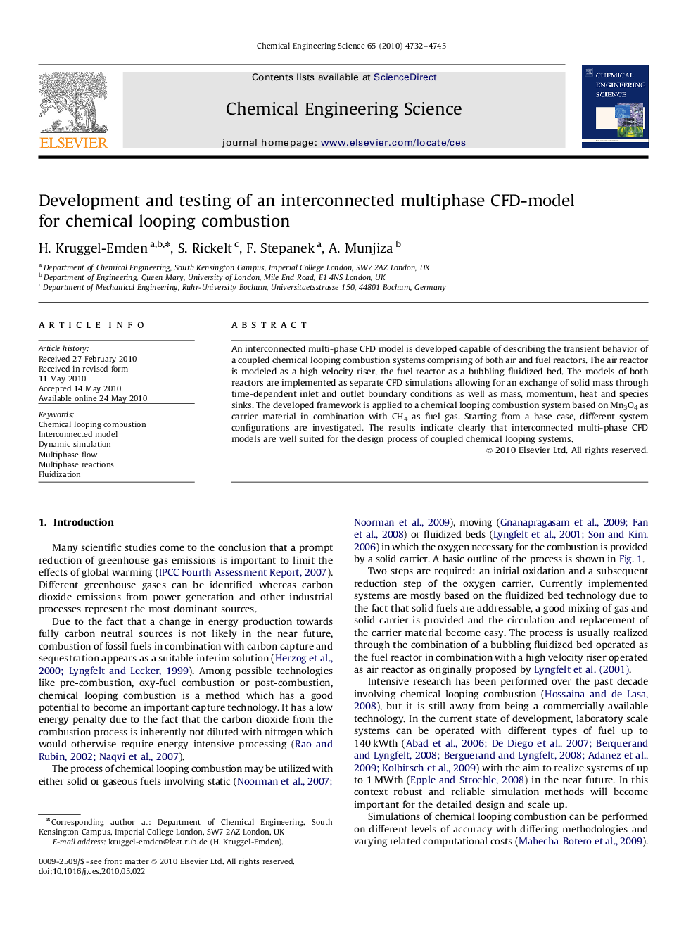 Development and testing of an interconnected multiphase CFD-model for chemical looping combustion