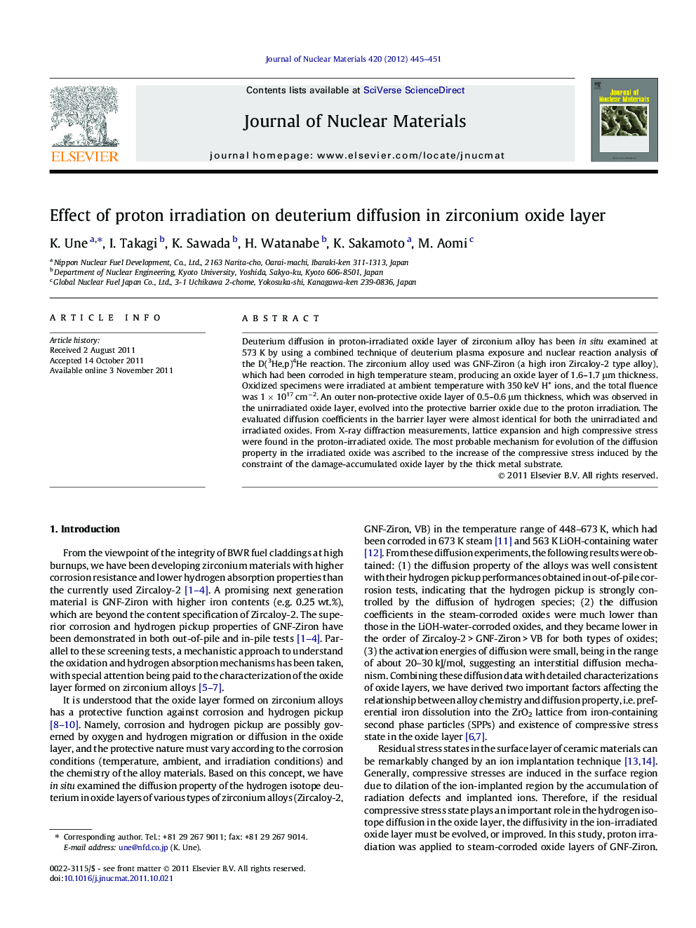 عکس صفحه اول مقاله: Effect of proton irradiation on deuterium diffusion in zirconium oxide layer Effect of proton irradiation on deuterium diffusion in zirconium oxide layer