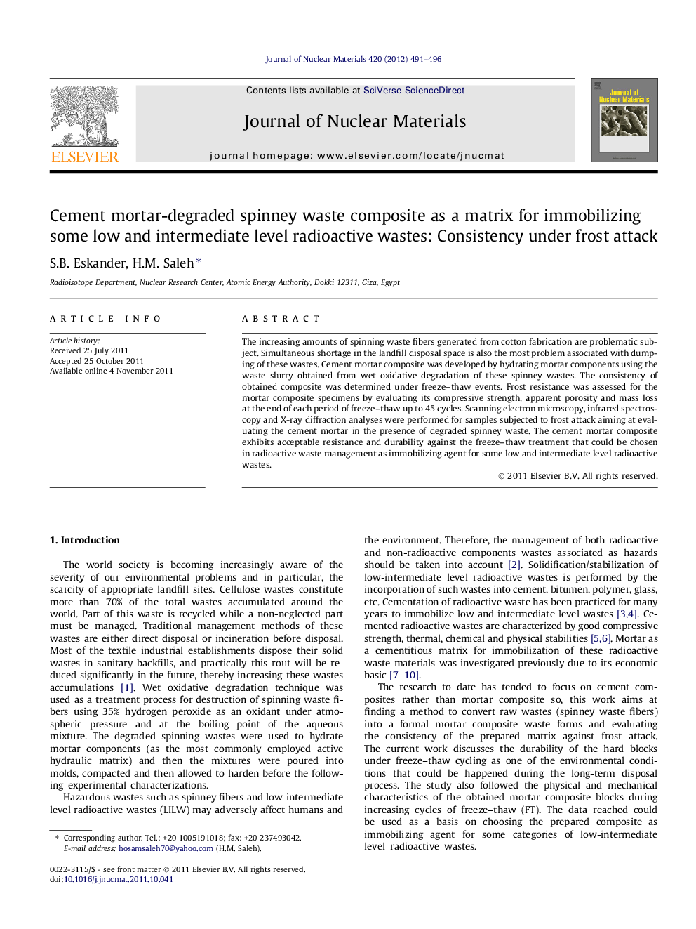عکس صفحه اول مقاله: Cement mortar-degraded spinney waste composite as a matrix for immobilizing some low and intermediate level radioactive wastes: Consistency under frost attack Cement mortar-degraded spinney waste composite as a matrix for immobilizing some low and intermediate level radioactive wastes: Consistency under frost attack