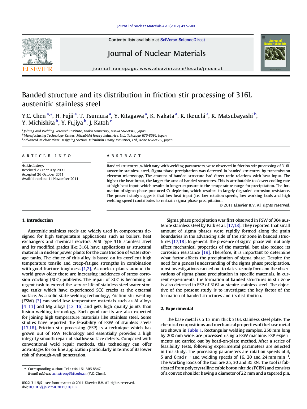 عکس صفحه اول مقاله: Banded structure and its distribution in friction stir processing of 316L austenitic stainless steel Banded structure and its distribution in friction stir processing of 316L austenitic stainless steel