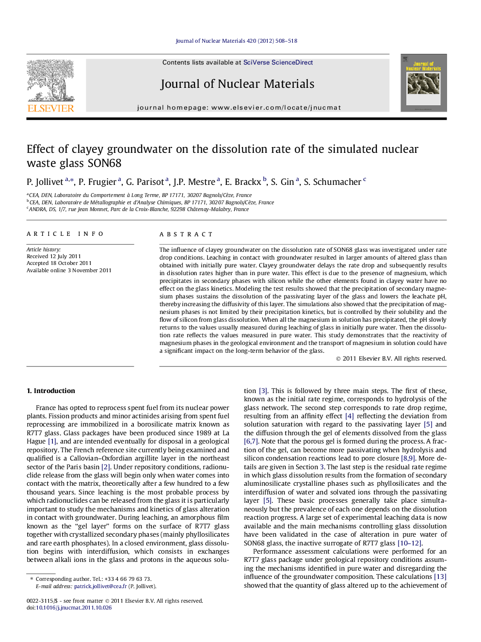 عکس صفحه اول مقاله: Effect of clayey groundwater on the dissolution rate of the simulated nuclear waste glass SON68 Effect of clayey groundwater on the dissolution rate of the simulated nuclear waste glass SON68