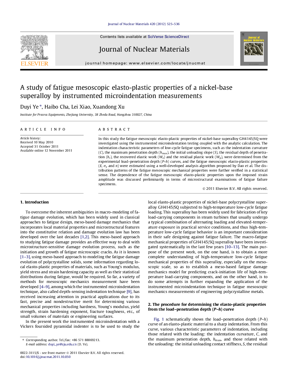 A study of fatigue mesoscopic elasto-plastic properties of a nickel-base superalloy by instrumented microindentation measurements