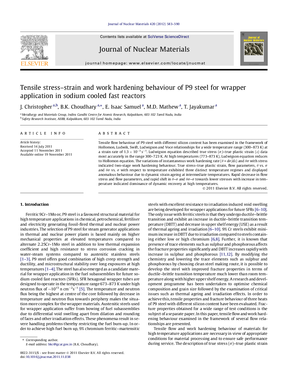 Tensile stress–strain and work hardening behaviour of P9 steel for wrapper application in sodium cooled fast reactors