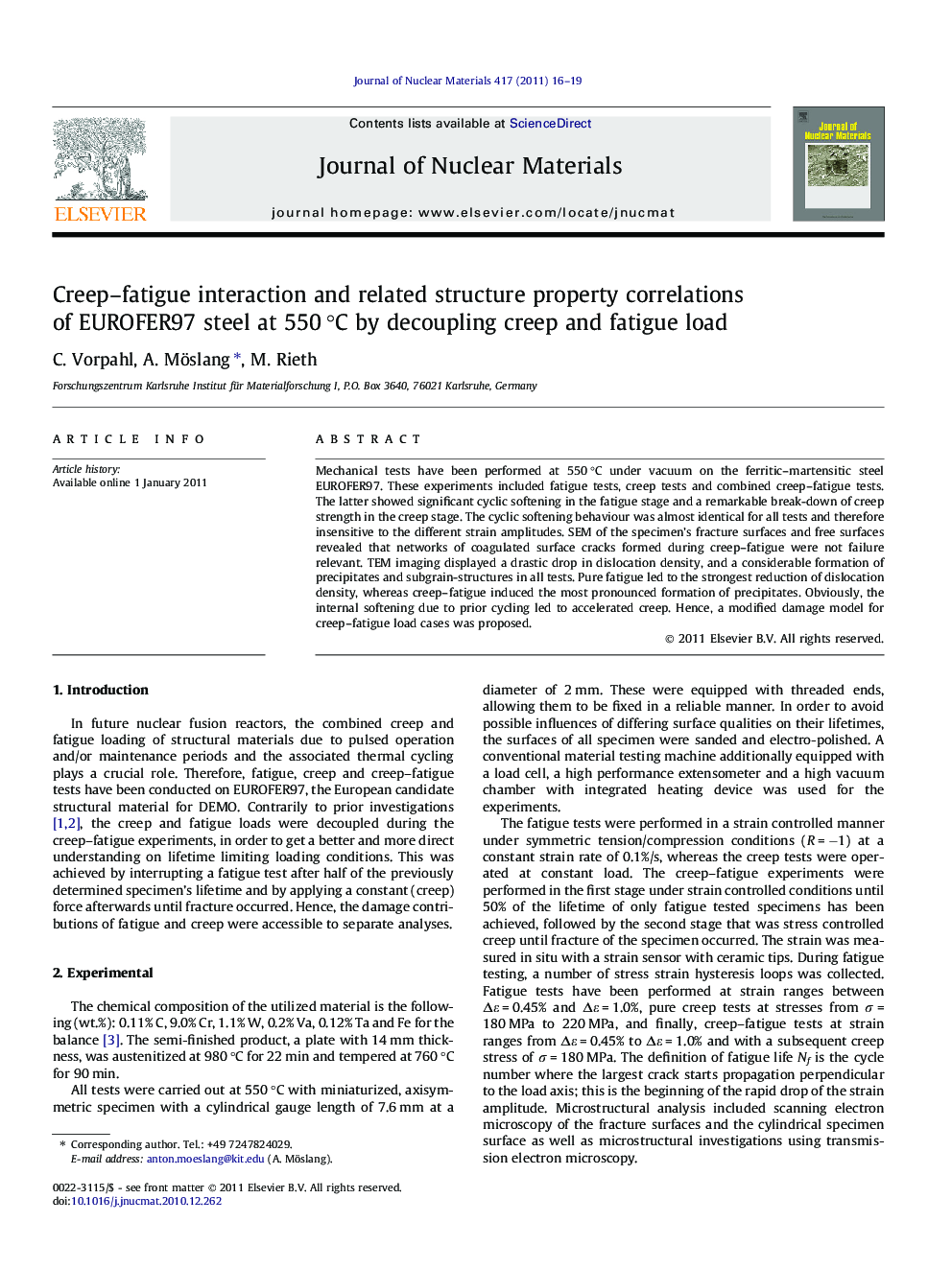 Creep–fatigue interaction and related structure property correlations of EUROFER97 steel at 550 °C by decoupling creep and fatigue load