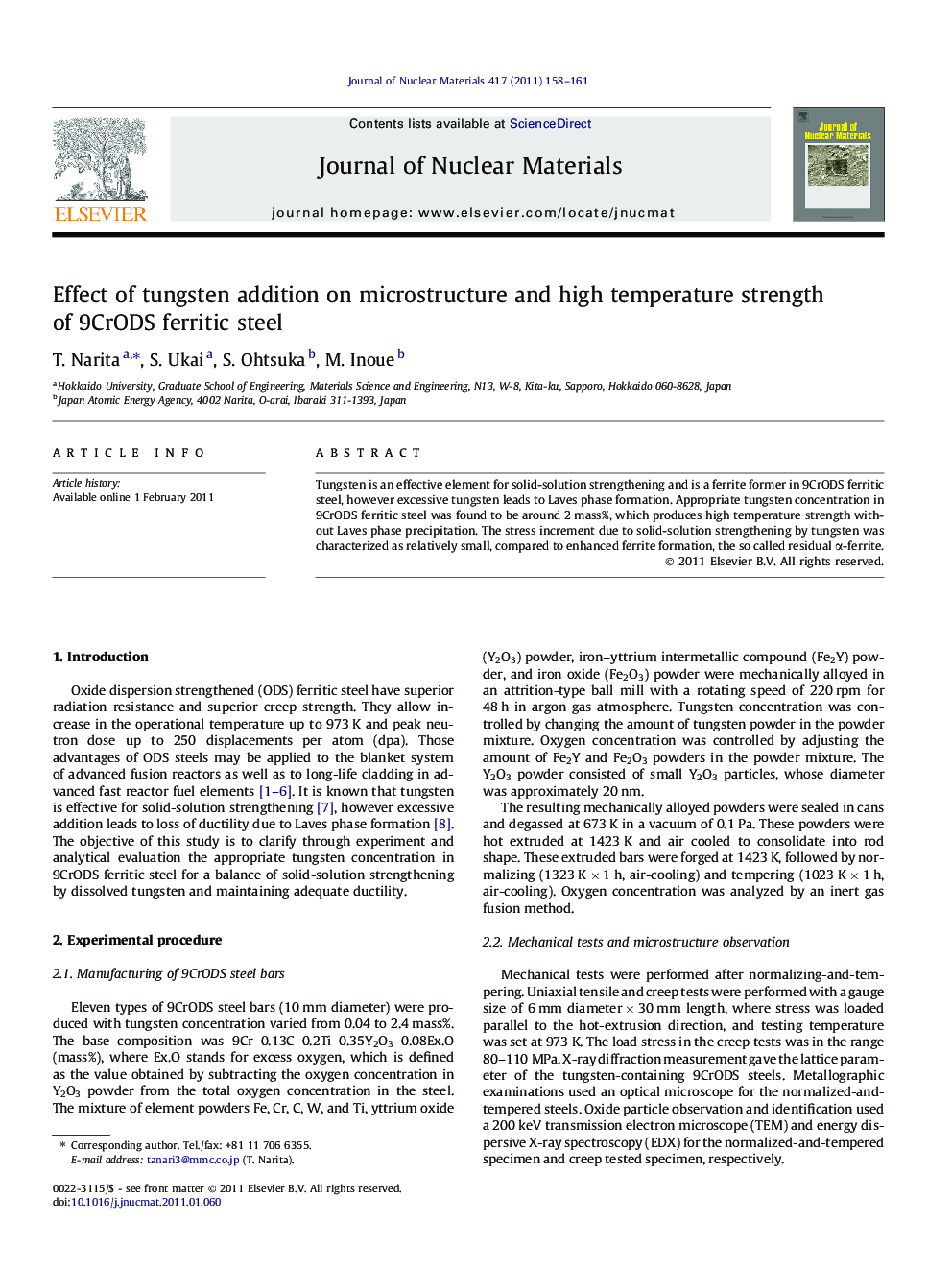 Effect of tungsten addition on microstructure and high temperature strength of 9CrODS ferritic steel