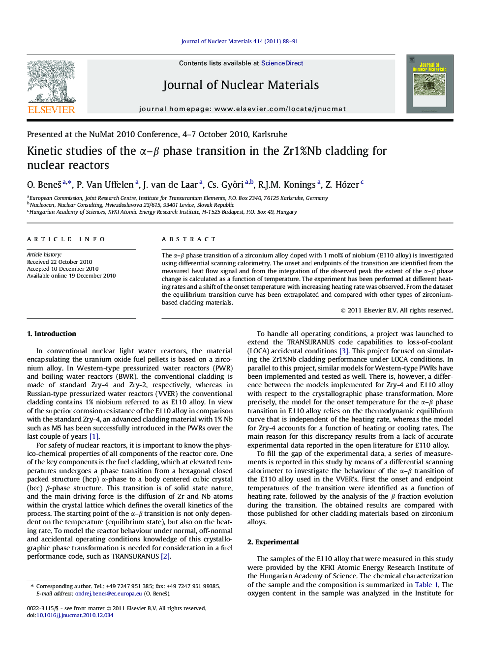 Kinetic studies of the α–β phase transition in the Zr1%Nb cladding for nuclear reactors