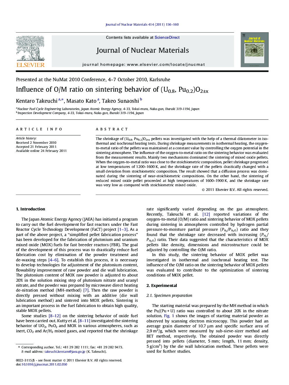 Influence of O/M ratio on sintering behavior of (U0.8, Pu0.2)O2Â±x
