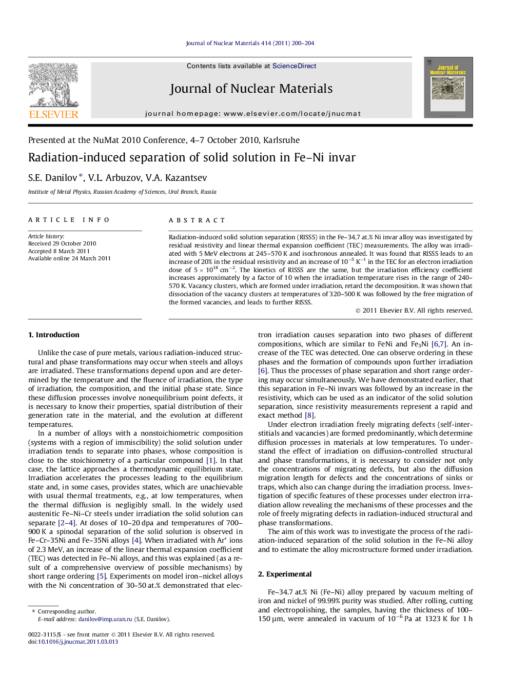 Radiation-induced separation of solid solution in Fe–Ni invar