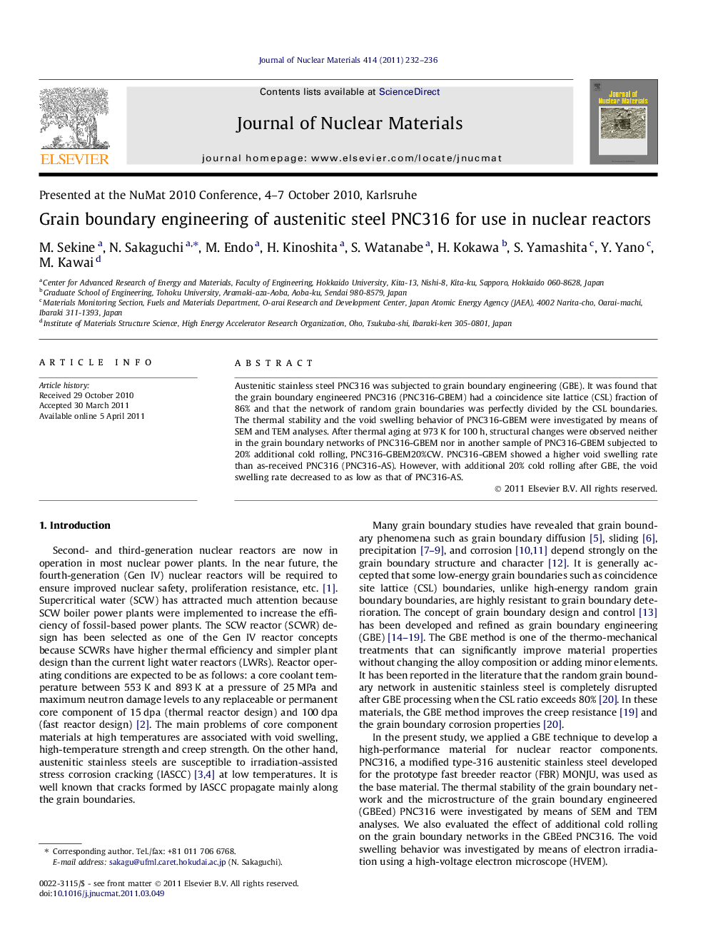 Grain boundary engineering of austenitic steel PNC316 for use in nuclear reactors