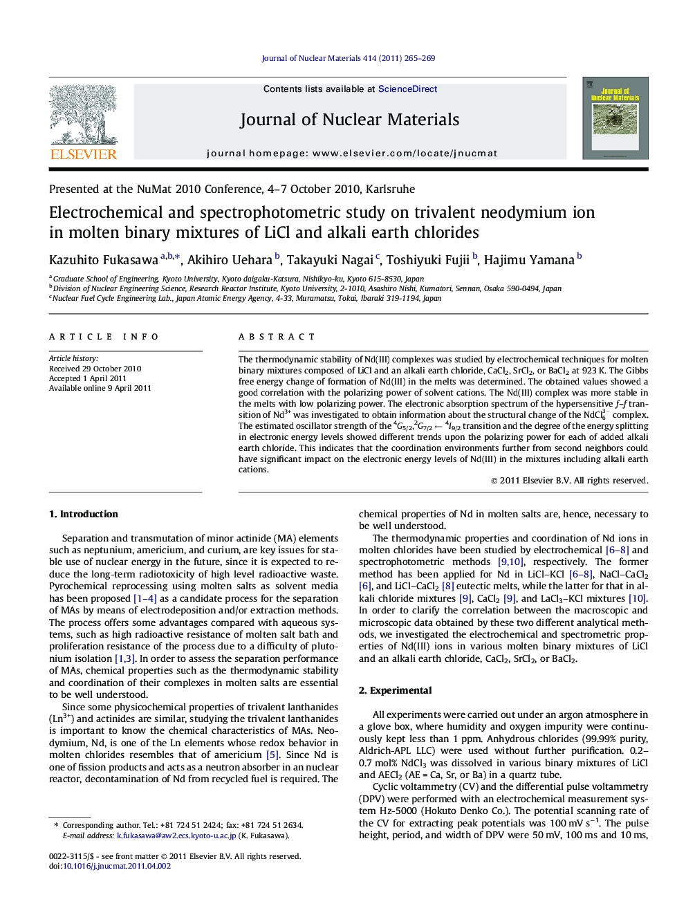 Electrochemical and spectrophotometric study on trivalent neodymium ion in molten binary mixtures of LiCl and alkali earth chlorides