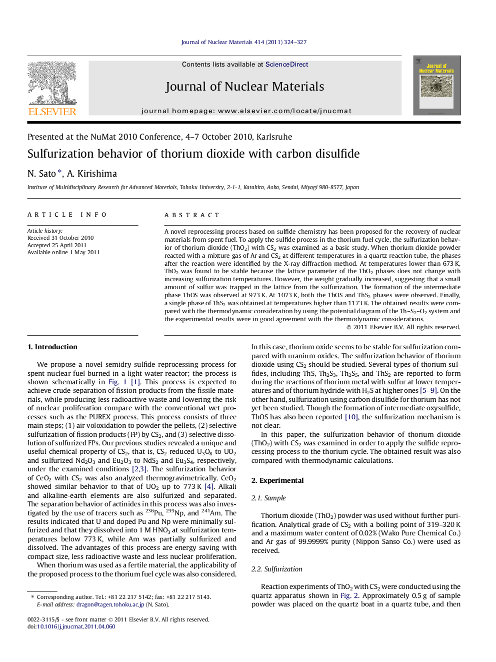 Sulfurization behavior of thorium dioxide with carbon disulfide