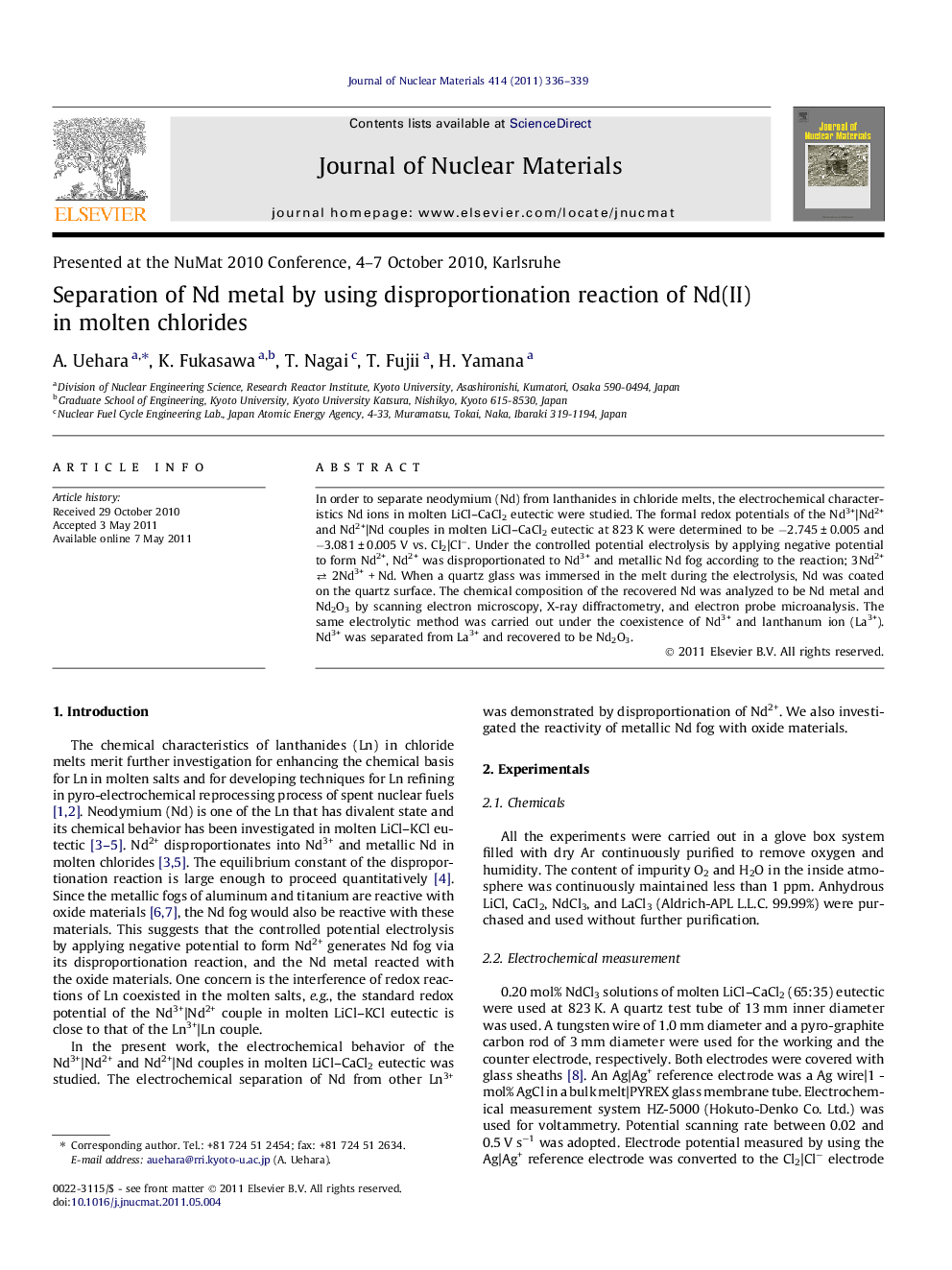 Separation of Nd metal by using disproportionation reaction of Nd(II) in molten chlorides