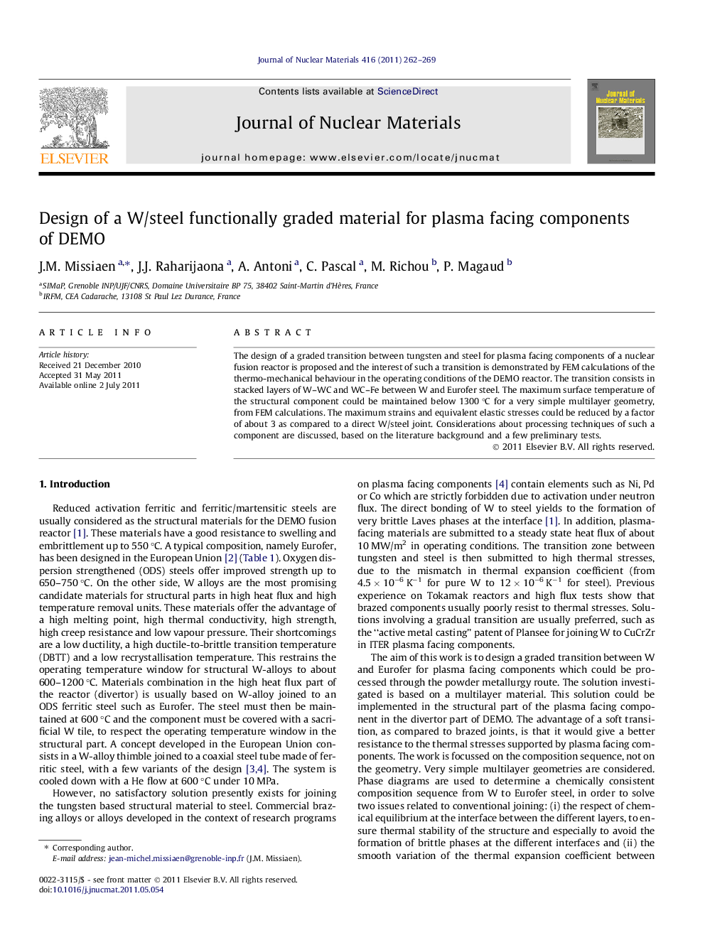 Design of a W/steel functionally graded material for plasma facing components of DEMO