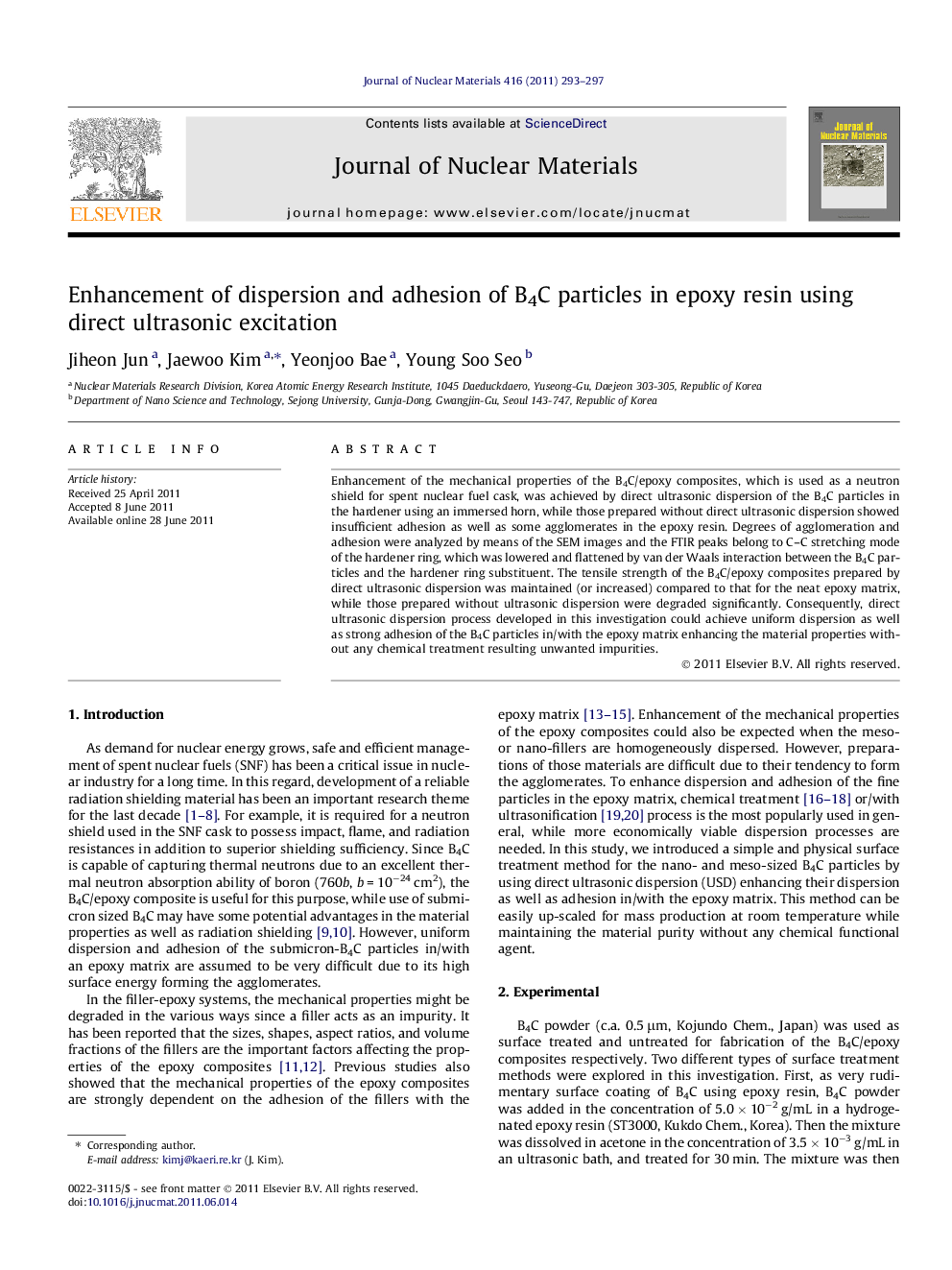Enhancement of dispersion and adhesion of B4C particles in epoxy resin using direct ultrasonic excitation