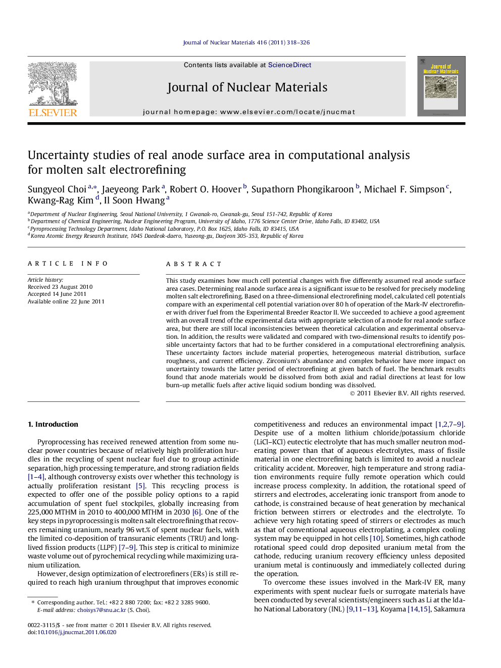 Uncertainty studies of real anode surface area in computational analysis for molten salt electrorefining