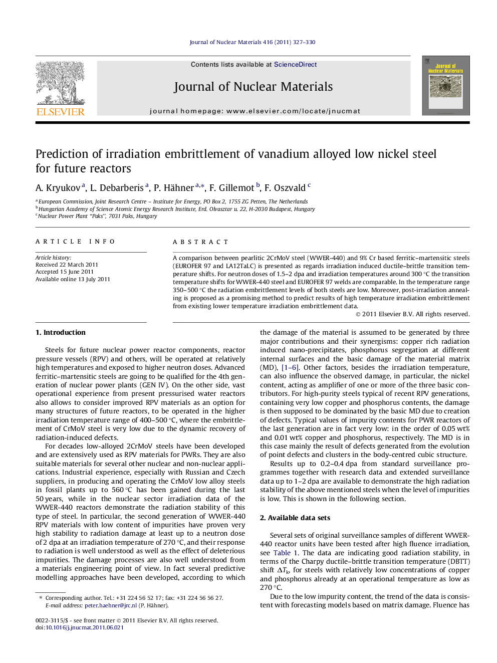Prediction of irradiation embrittlement of vanadium alloyed low nickel steel for future reactors