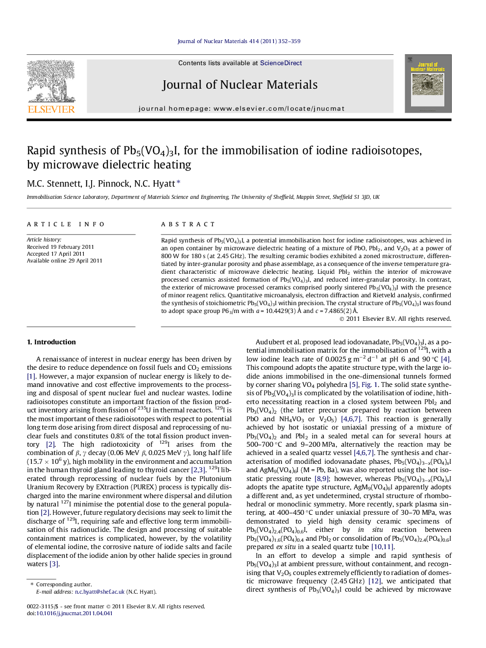 Rapid synthesis of Pb5(VO4)3I, for the immobilisation of iodine radioisotopes, by microwave dielectric heating