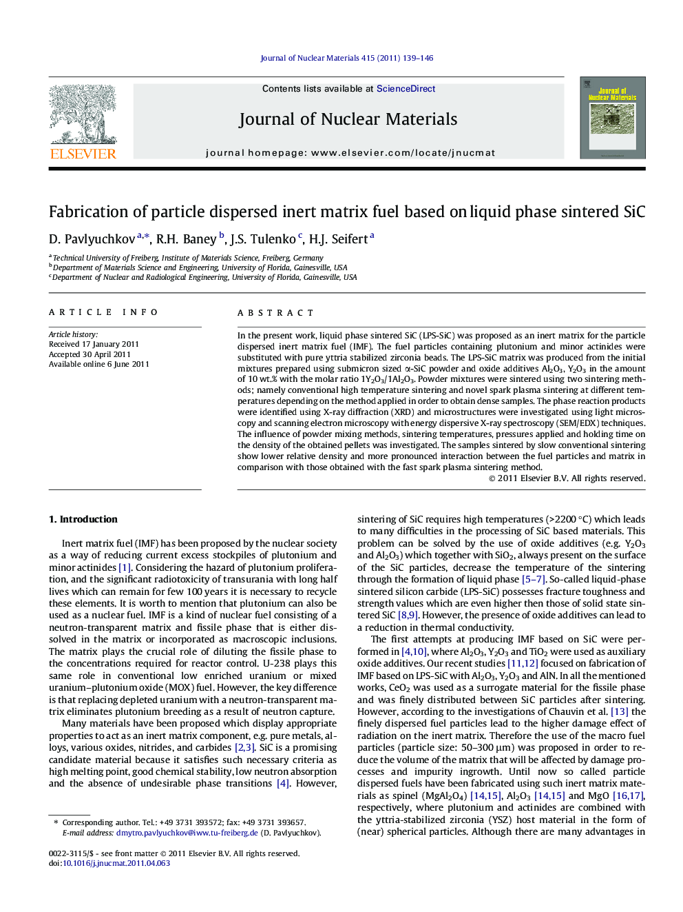 Fabrication of particle dispersed inert matrix fuel based on liquid phase sintered SiC