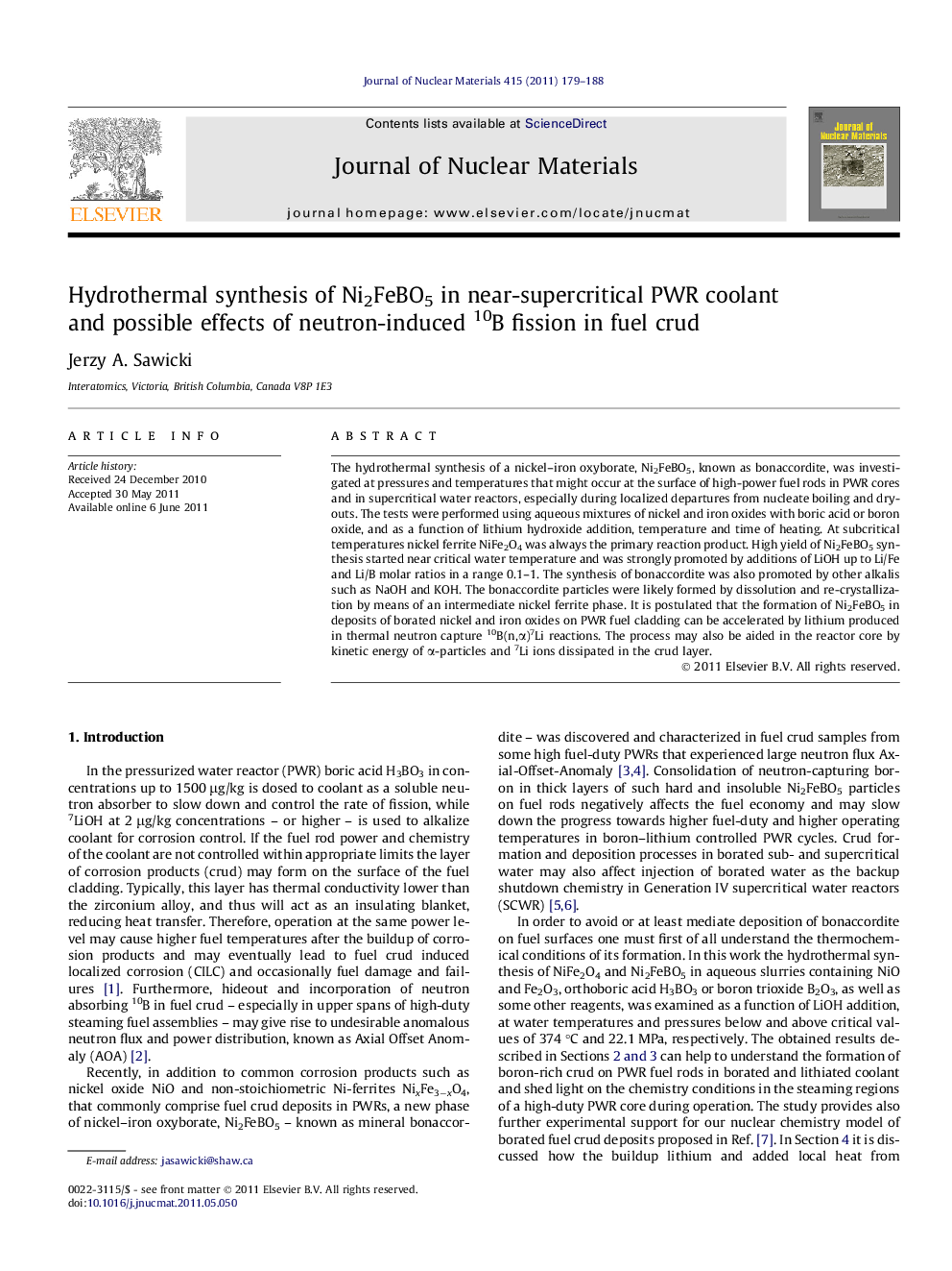 Hydrothermal synthesis of Ni2FeBO5 in near-supercritical PWR coolant and possible effects of neutron-induced 10B fission in fuel crud