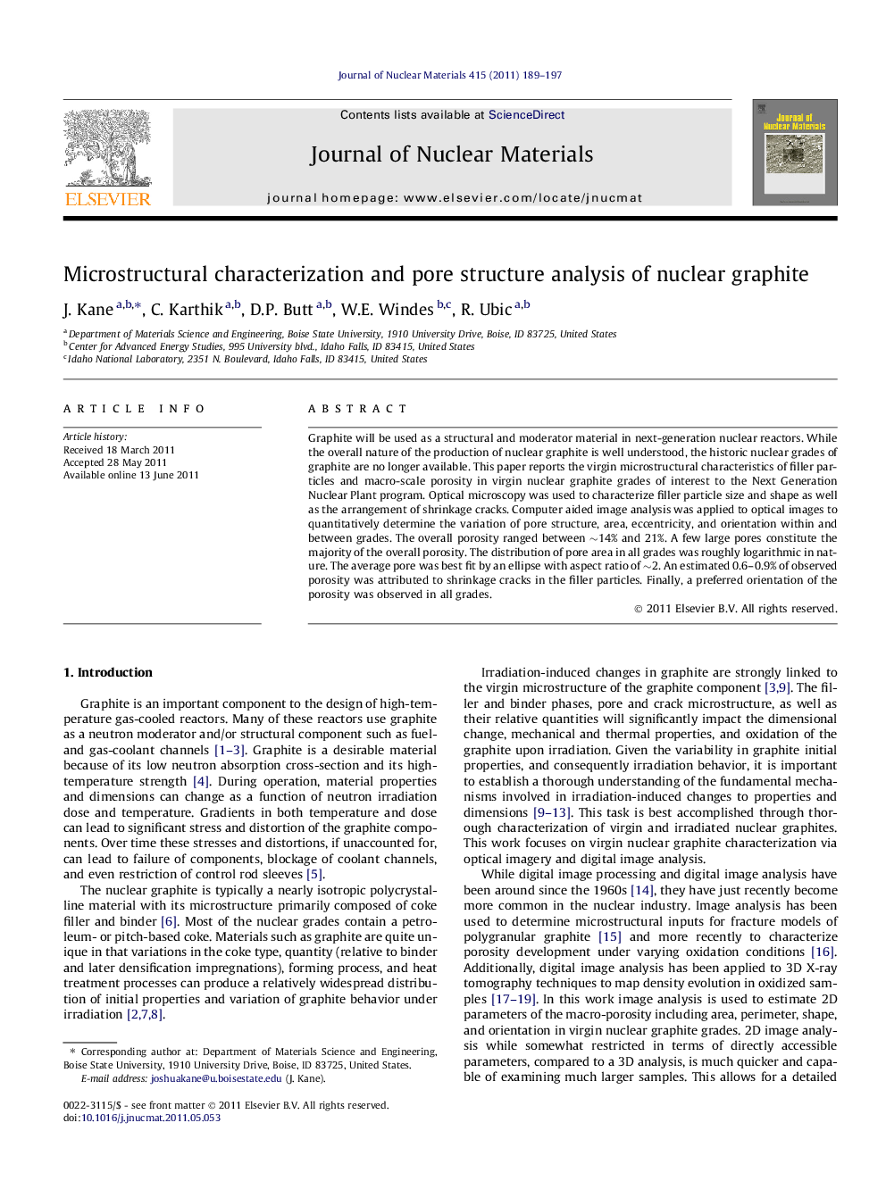 Microstructural characterization and pore structure analysis of nuclear graphite