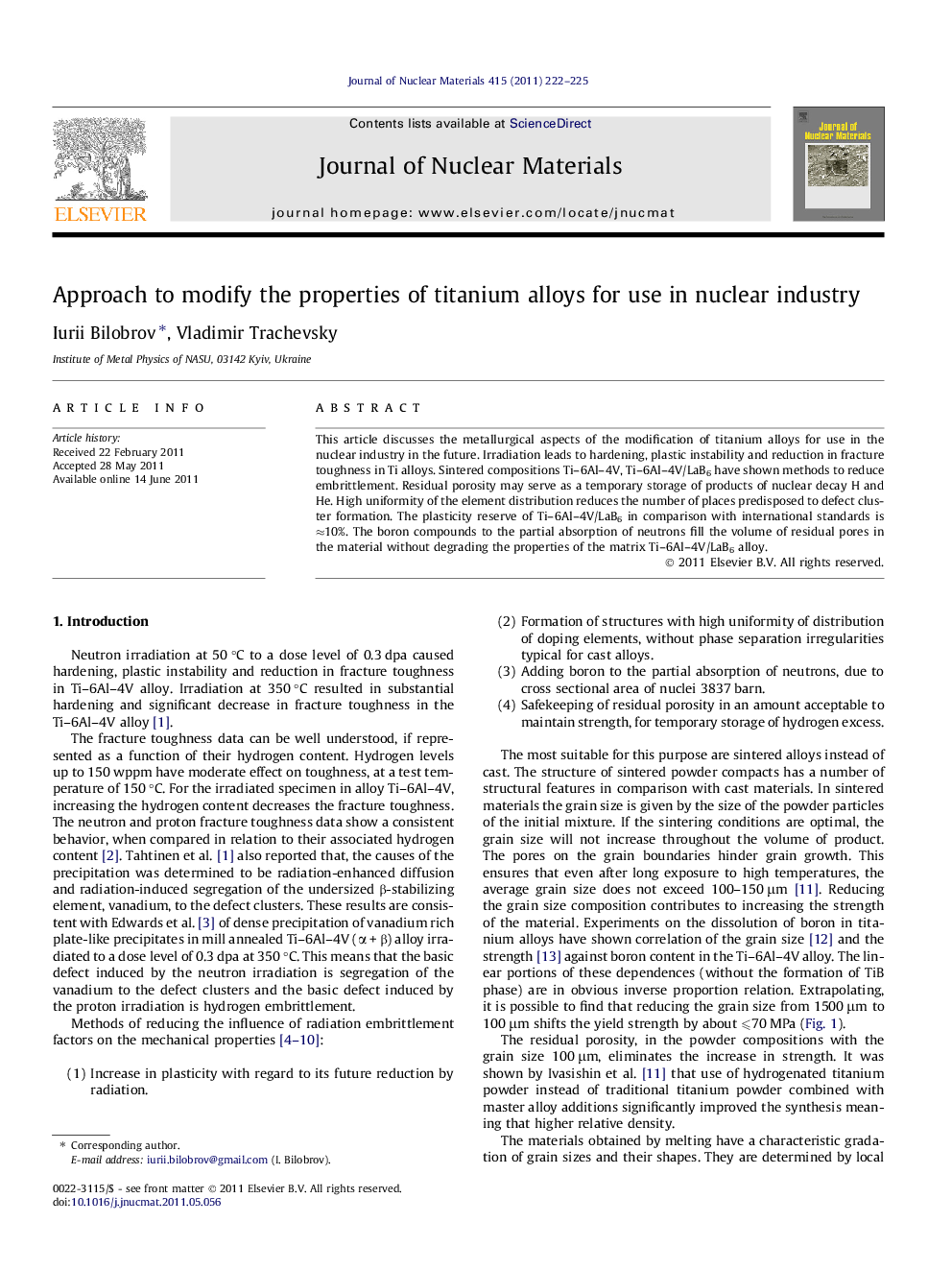 Approach to modify the properties of titanium alloys for use in nuclear industry