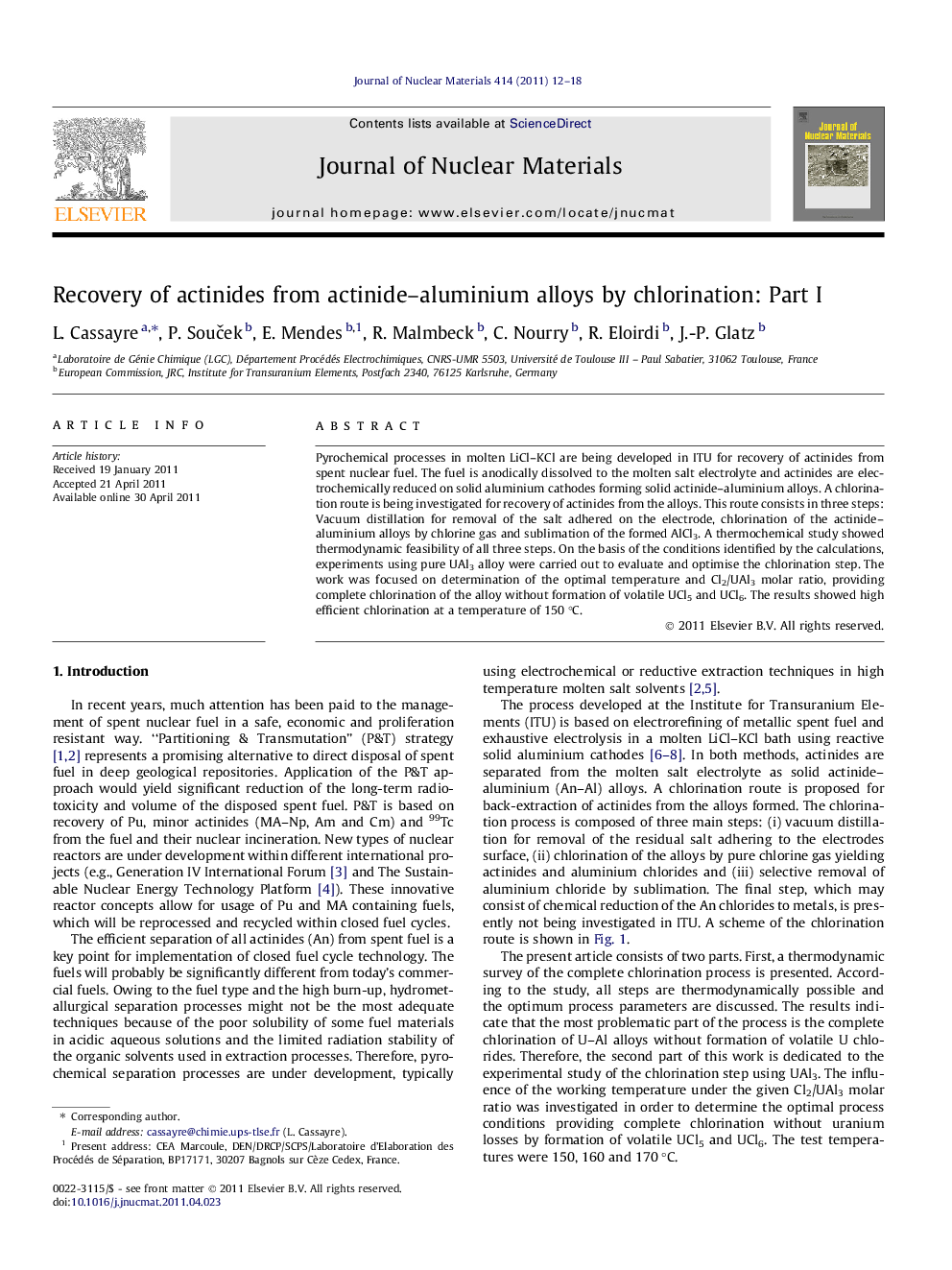 Recovery of actinides from actinide–aluminium alloys by chlorination: Part I
