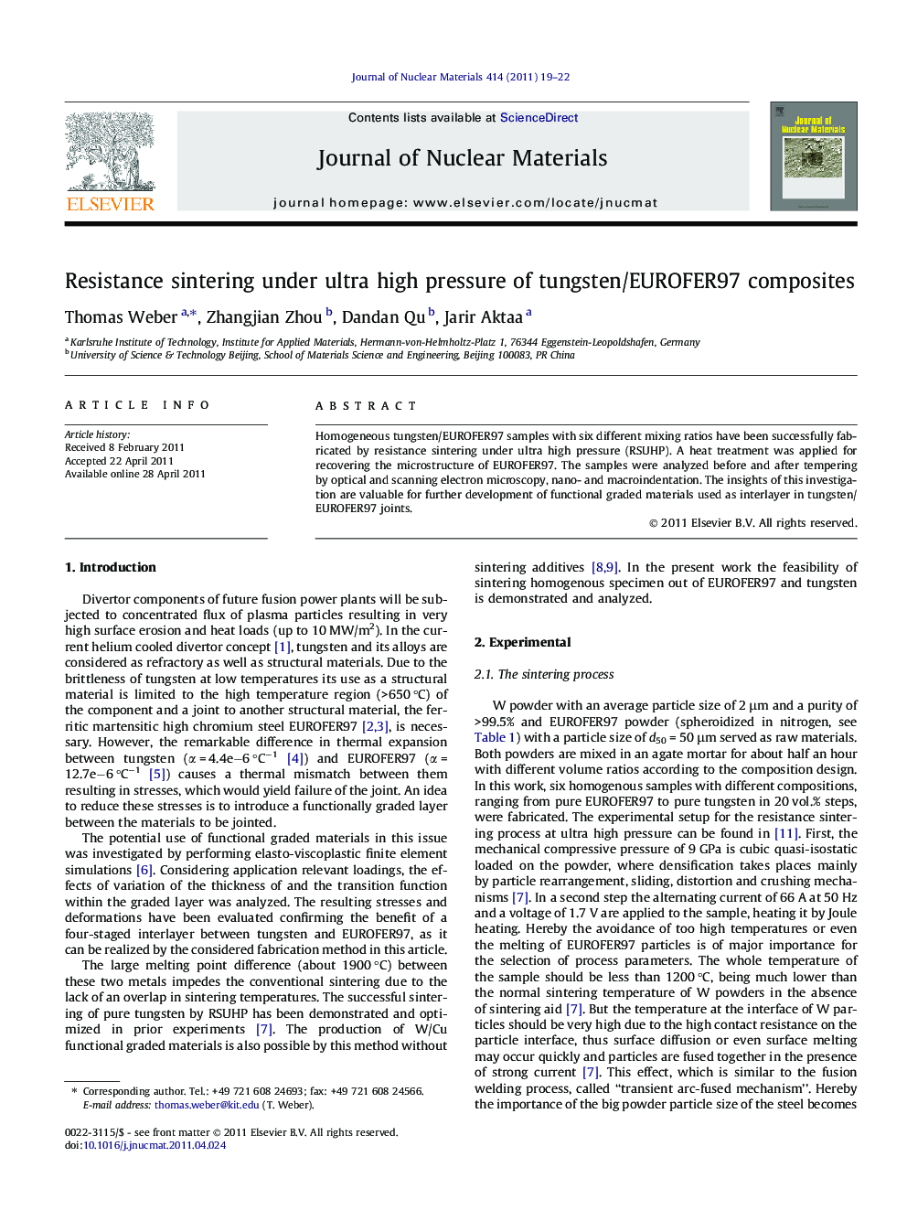 Resistance sintering under ultra high pressure of tungsten/EUROFER97 composites