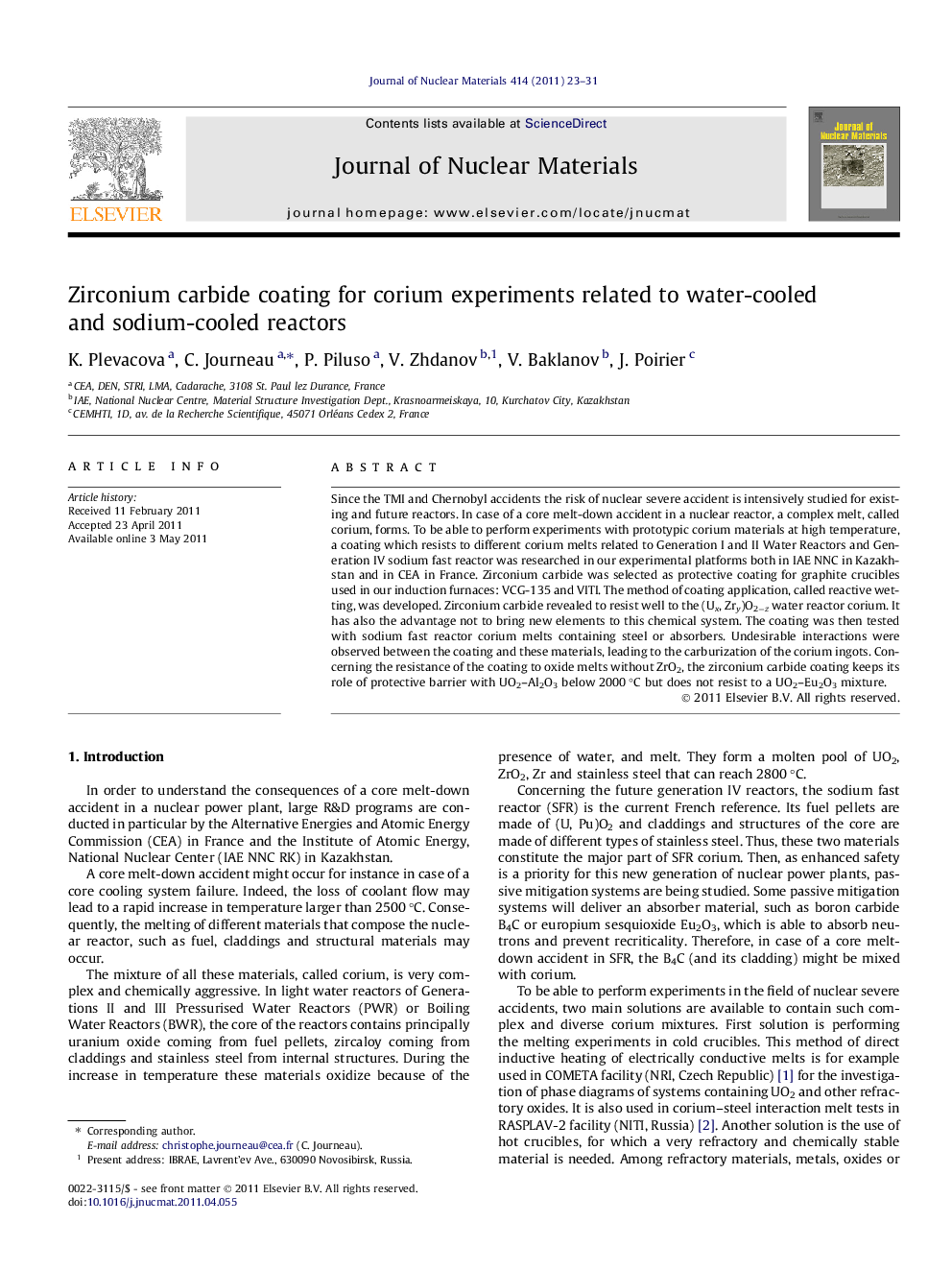 Zirconium carbide coating for corium experiments related to water-cooled and sodium-cooled reactors