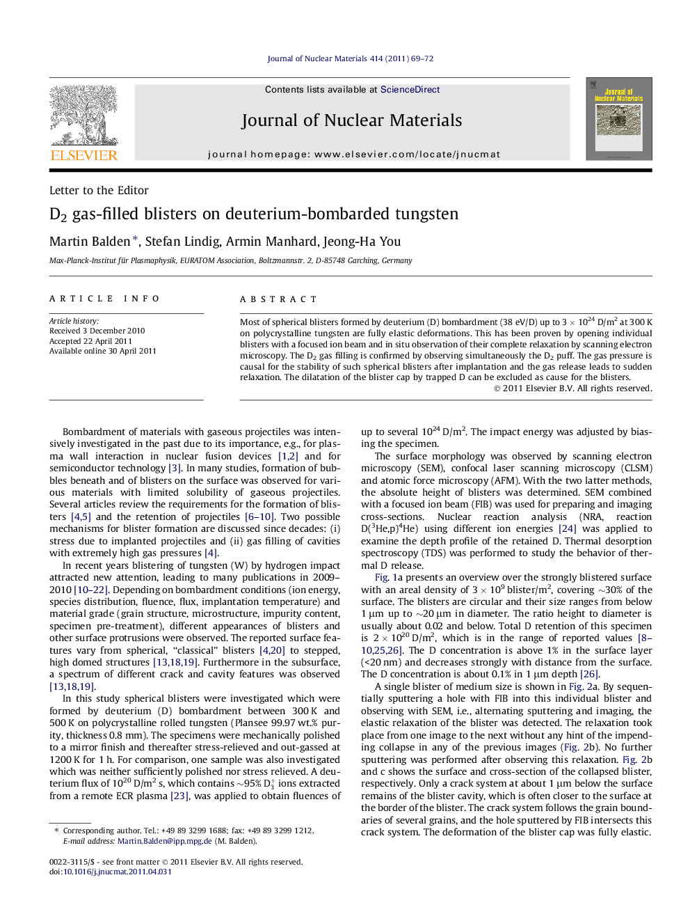 D2 gas-filled blisters on deuterium-bombarded tungsten