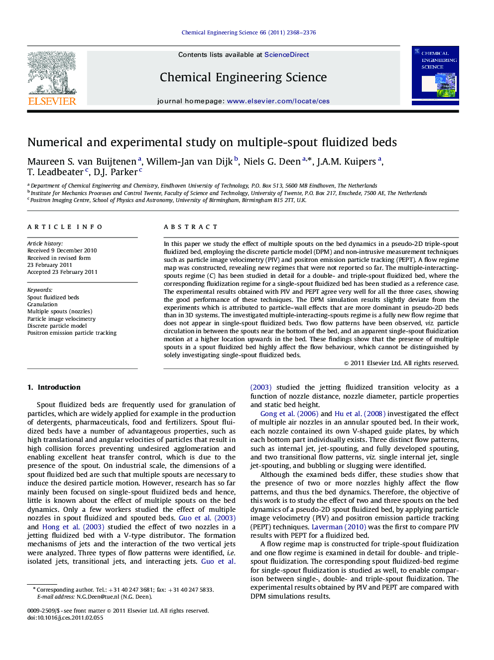 Numerical and experimental study on multiple-spout fluidized beds
