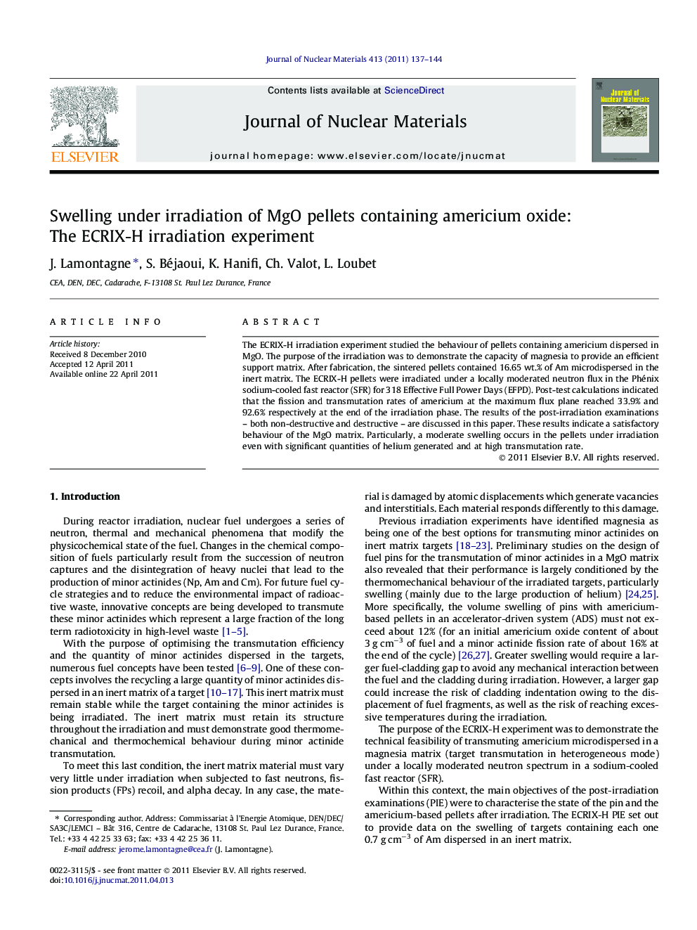 Swelling under irradiation of MgO pellets containing americium oxide: The ECRIX-H irradiation experiment