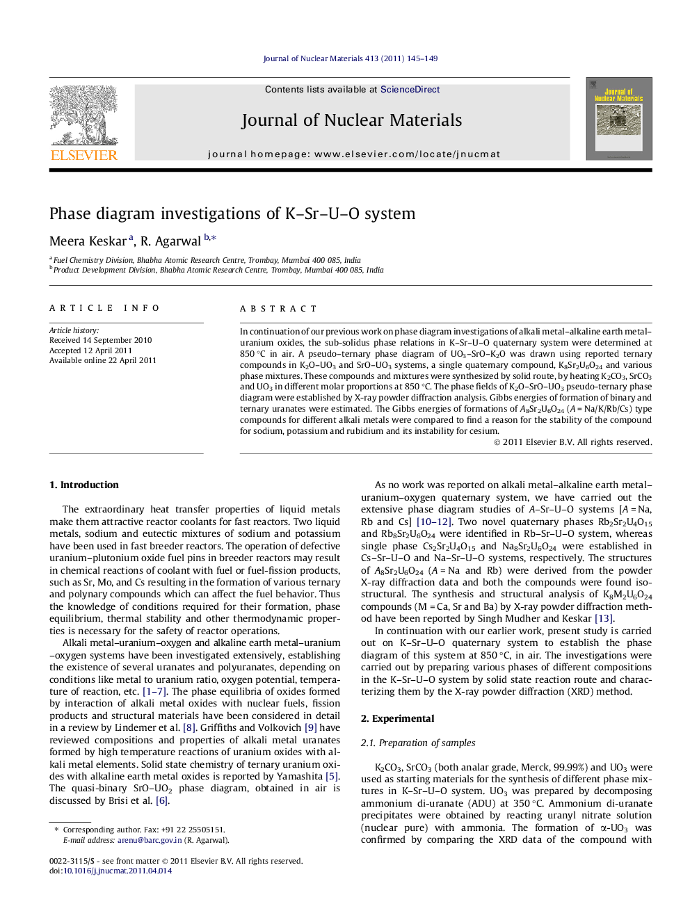 عکس صفحه اول مقاله: Phase diagram investigations of K–Sr–U–O system Phase diagram investigations of K–Sr–U–O system