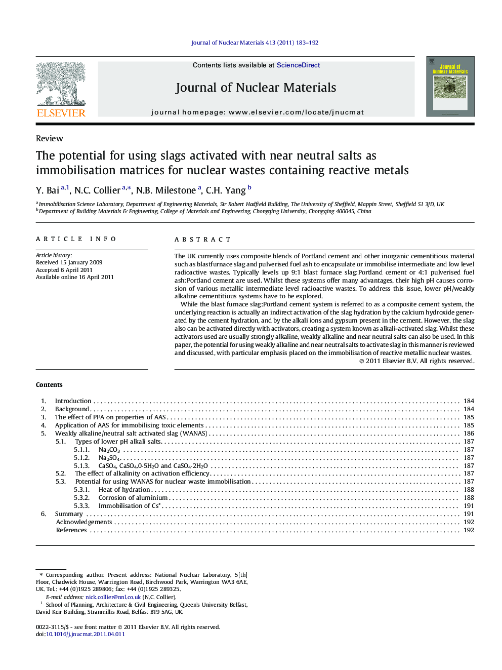 The potential for using slags activated with near neutral salts as immobilisation matrices for nuclear wastes containing reactive metals