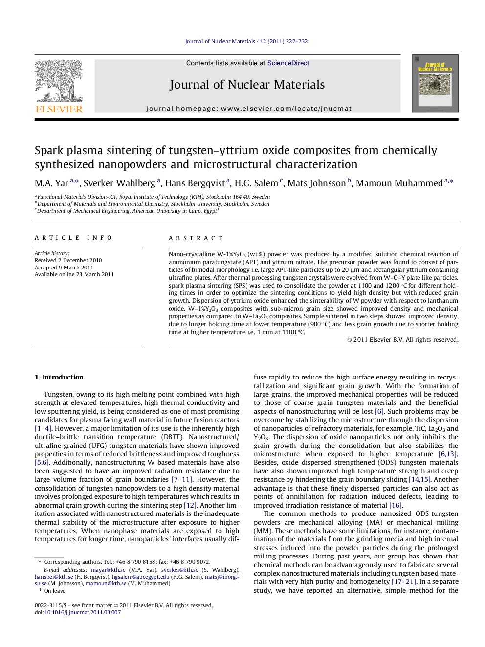 عکس صفحه اول مقاله: Spark plasma sintering of tungsten–yttrium oxide composites from chemically synthesized nanopowders and microstructural characterization Spark plasma sintering of tungsten–yttrium oxide composites from chemically synthesized nanopowders and microstructural characterization