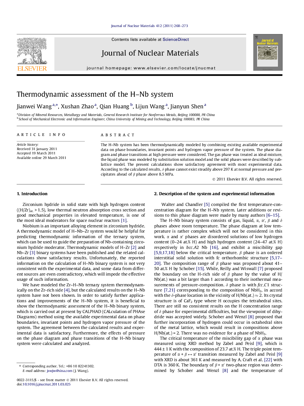 عکس صفحه اول مقاله: Thermodynamic assessment of the H-Nb system Thermodynamic assessment of the H-Nb system