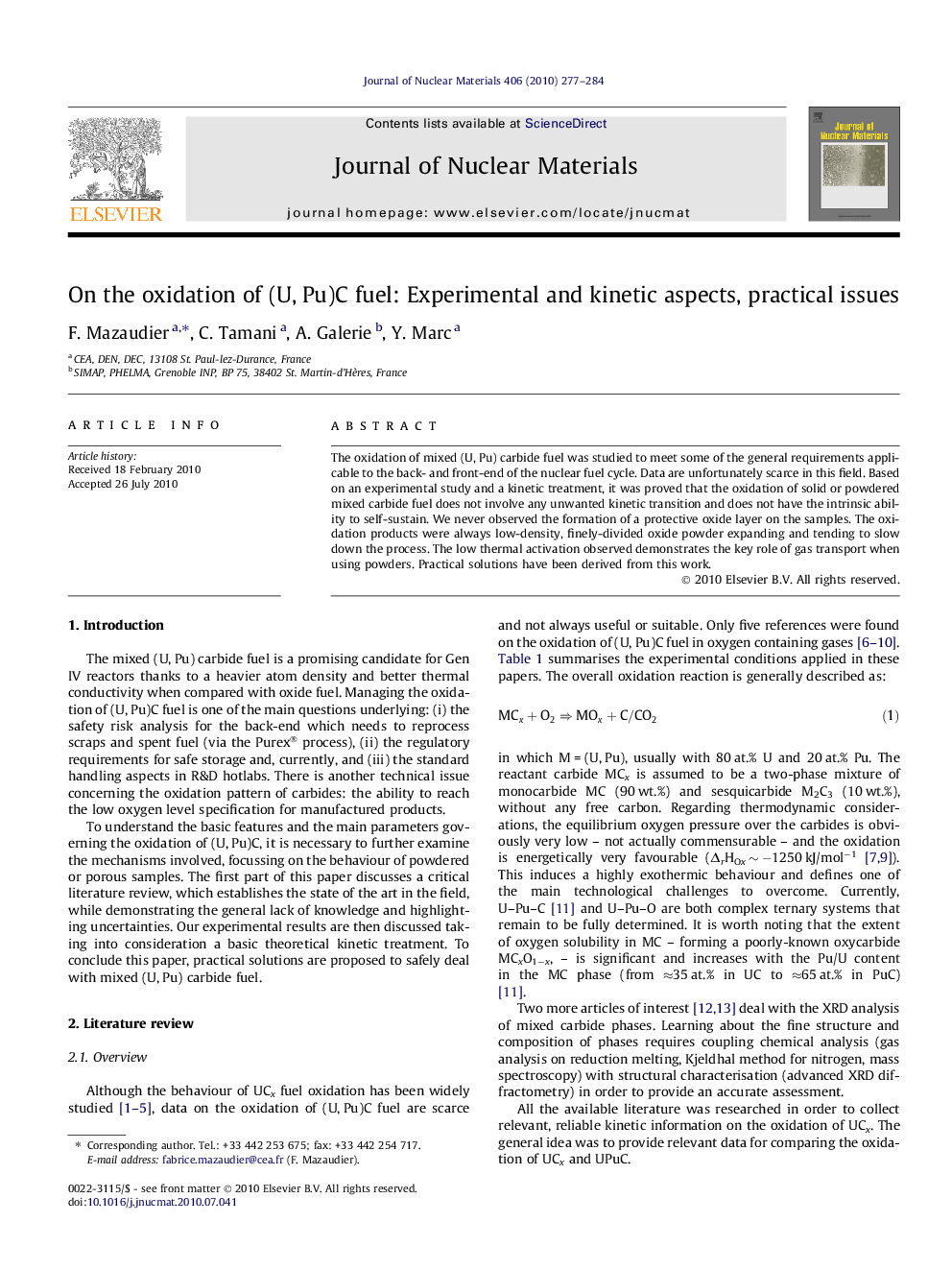 On the oxidation of (U, Pu)C fuel: Experimental and kinetic aspects, practical issues