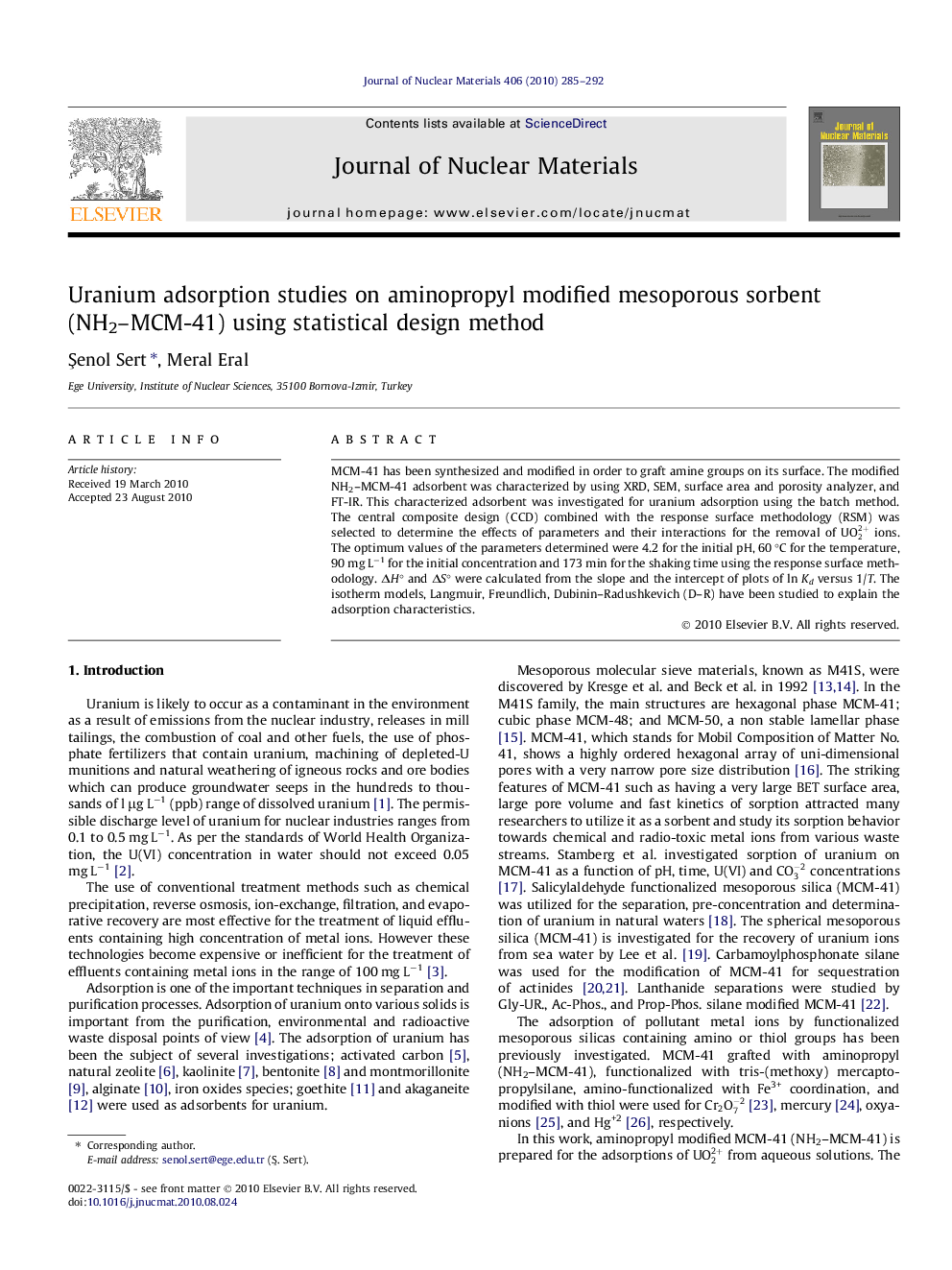 Uranium adsorption studies on aminopropyl modified mesoporous sorbent (NH2–MCM-41) using statistical design method