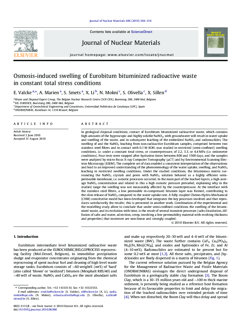 Osmosis-induced swelling of Eurobitum bituminized radioactive waste in constant total stress conditions
