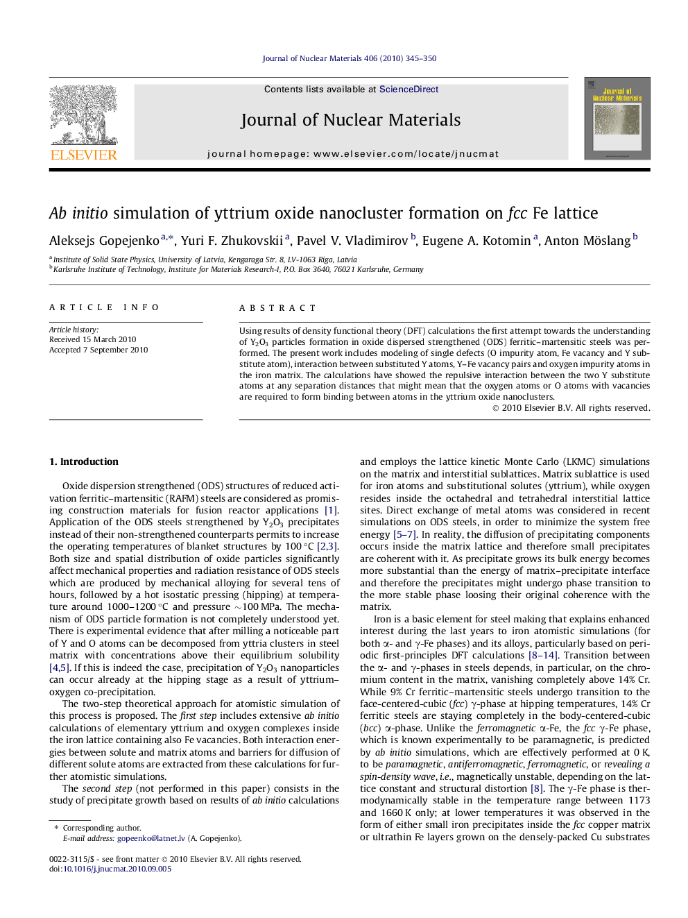 Ab initio simulation of yttrium oxide nanocluster formation on fcc Fe lattice