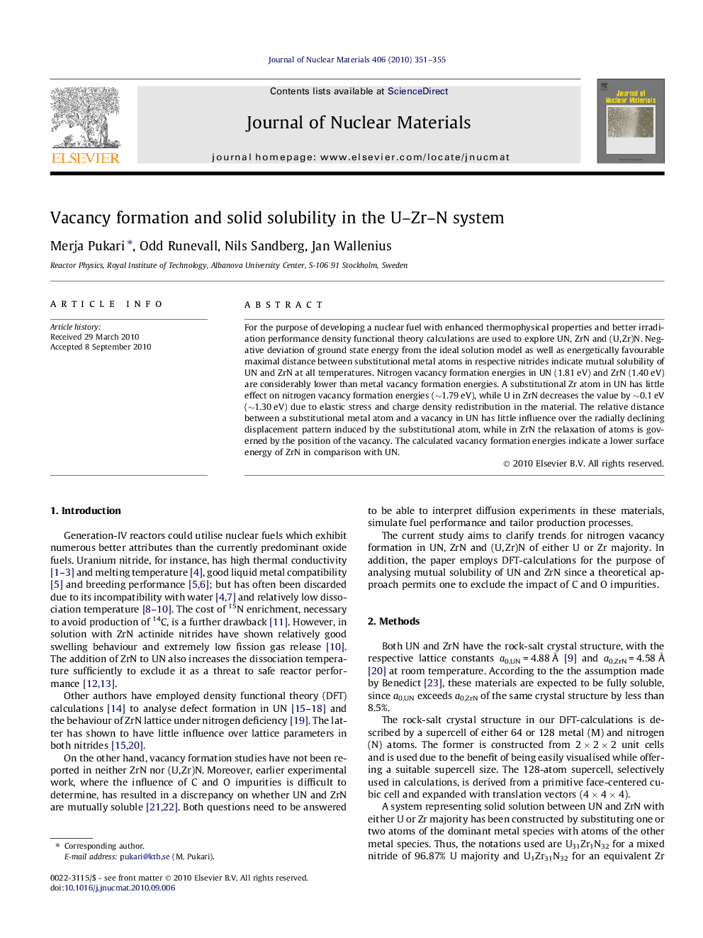 Vacancy formation and solid solubility in the U–Zr–N system