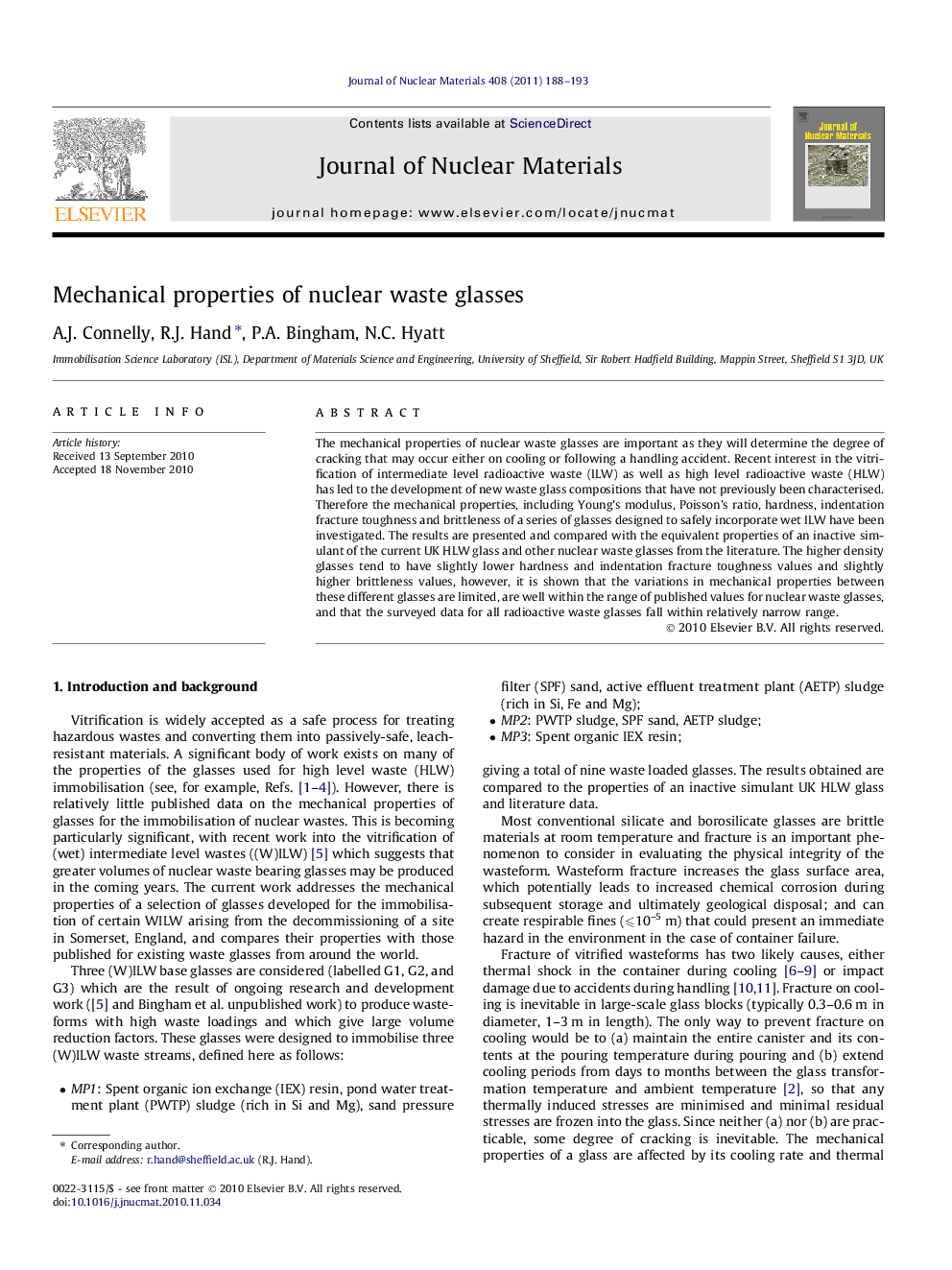 Mechanical properties of nuclear waste glasses