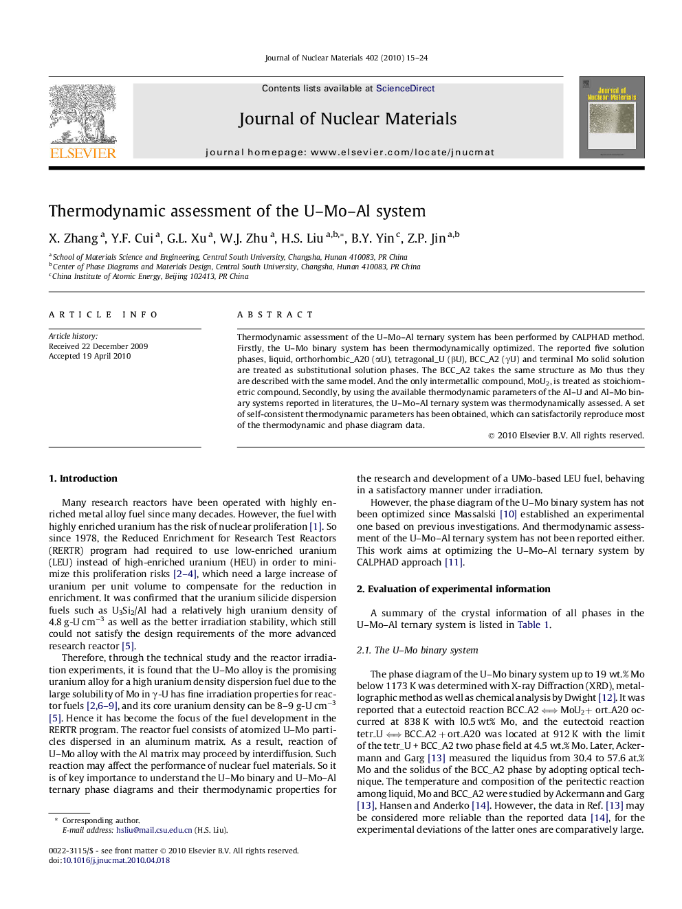 عکس صفحه اول مقاله: Thermodynamic assessment of the U-Mo-Al system Thermodynamic assessment of the U-Mo-Al system