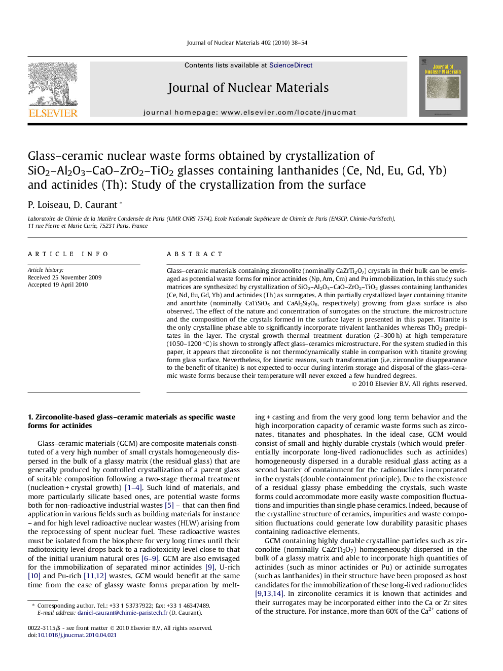 Glass-ceramic nuclear waste forms obtained by crystallization of SiO2-Al2O3-CaO-ZrO2-TiO2 glasses containing lanthanides (Ce, Nd, Eu, Gd, Yb) and actinides (Th): Study of the crystallization from the surface