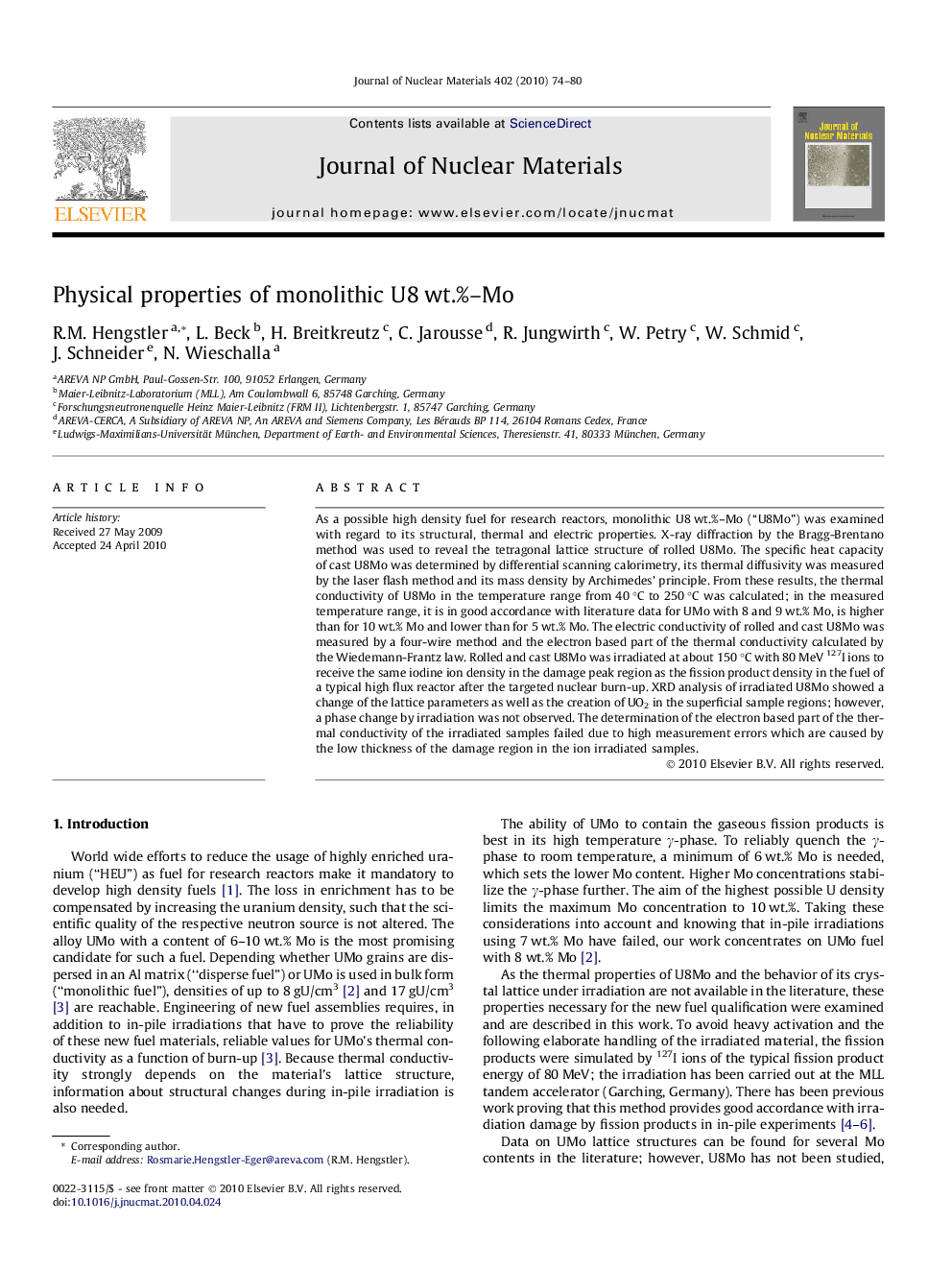 Physical properties of monolithic U8Â wt.%-Mo
